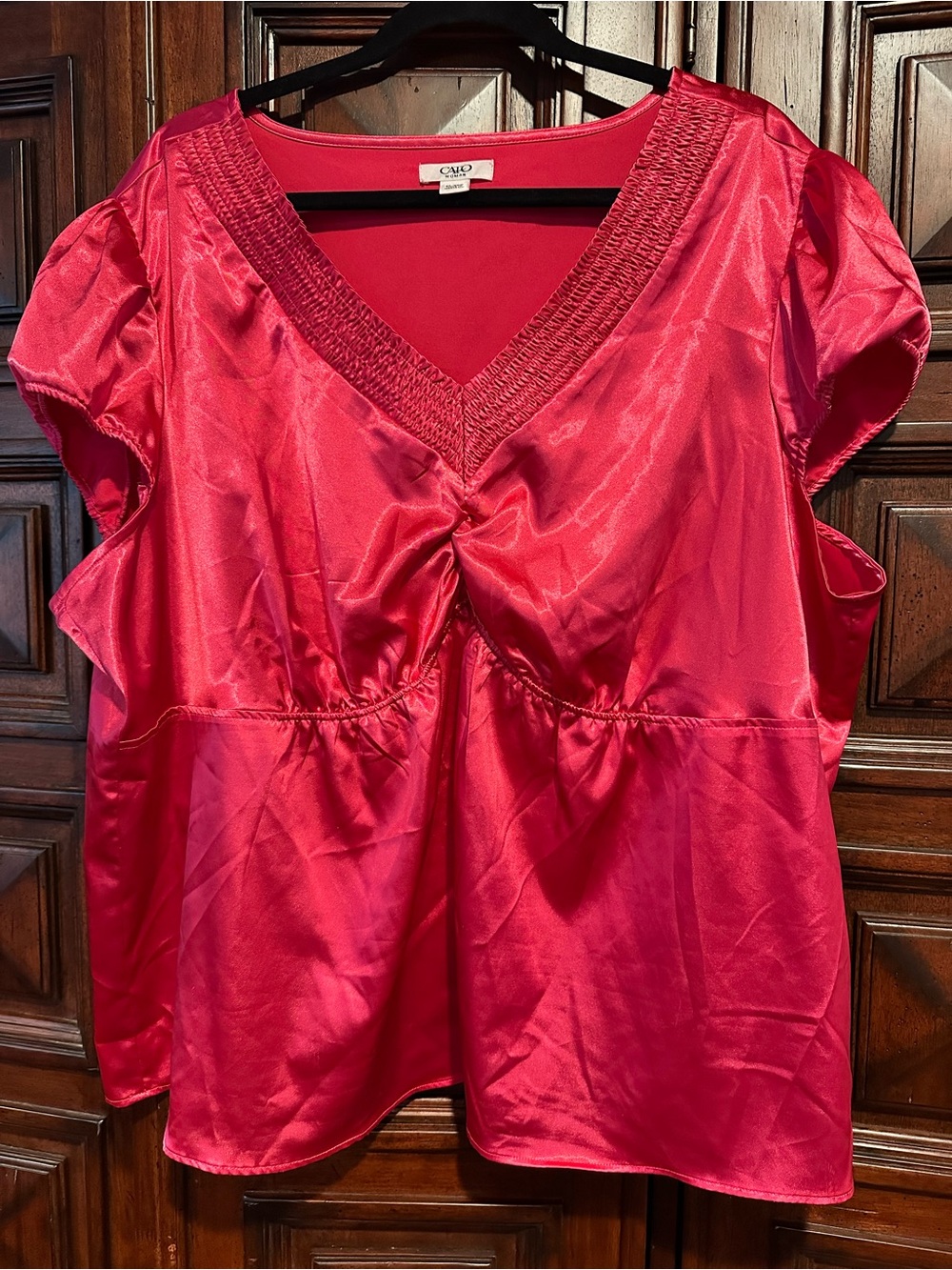 26/28 CATO Satin V-Neck Puff Sleeve Blouse - BRIGHT ROSY PINK